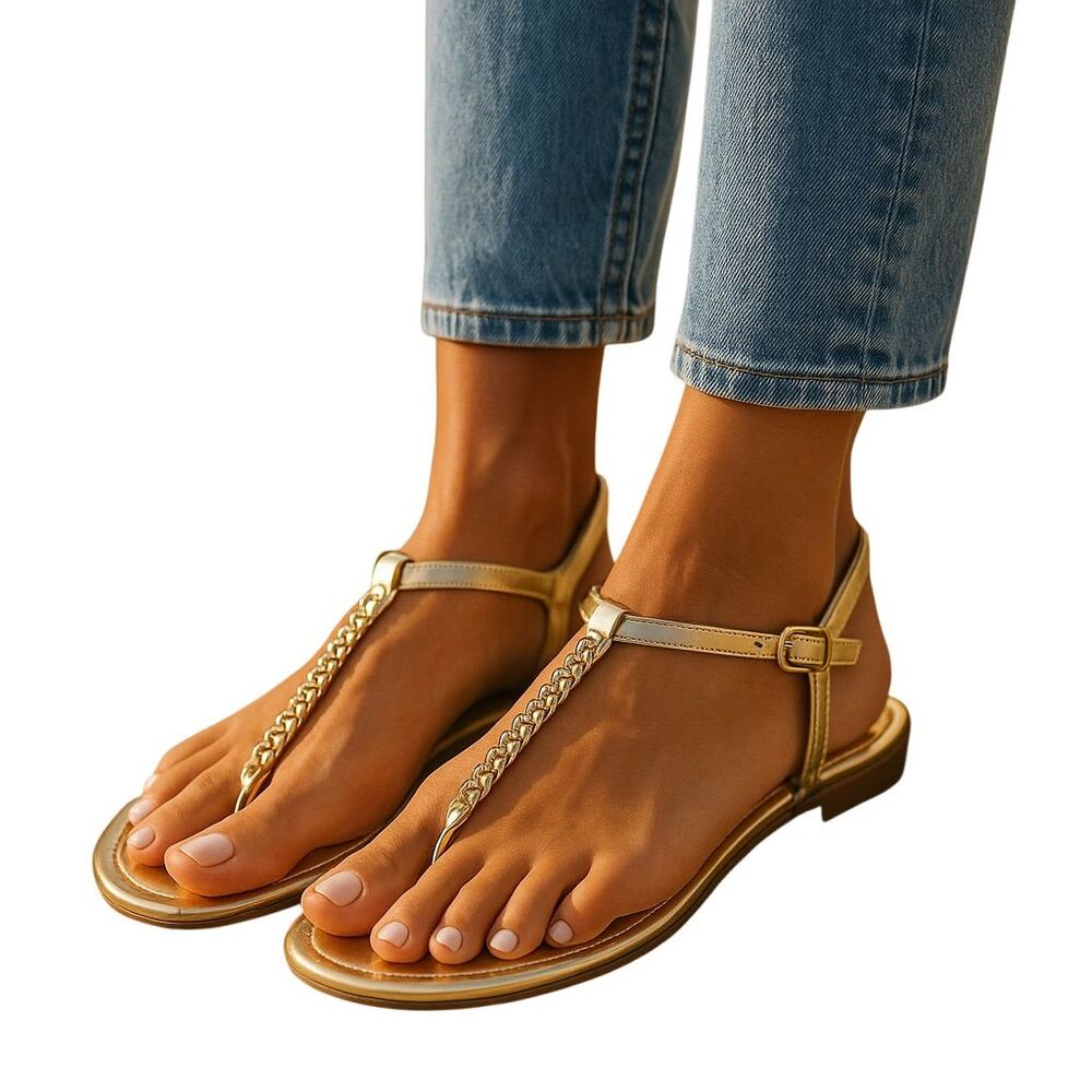 Montego Bay Women's Gold Gemstones Flat Sandals T-Strap Size 8